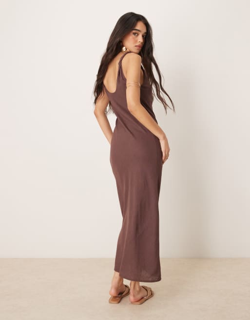 ASOS DESIGN linen mix twist strap bias maxi dress in chocolate