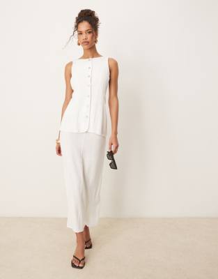 linen mix vest detail midi dress in white