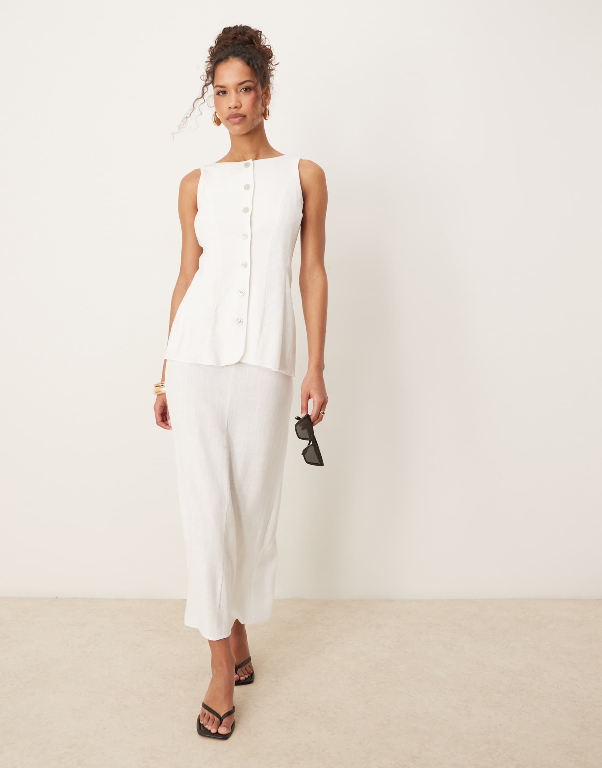 asos design linen mix vest detail midi dress in white