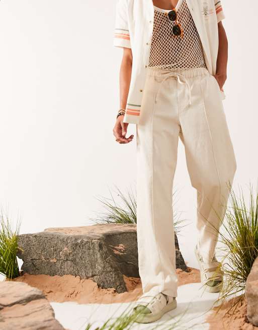 Women's Linen Mix Relaxed Fit Wide Leg Trousers