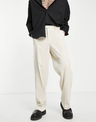 ASOS DESIGN linen mix wide leg smart trousers in ecru crinkle