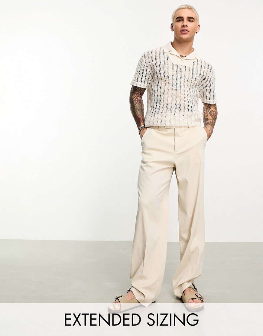 ASOS DESIGN linen mix wide leg smart trousers in ecru crinkle-Neutral