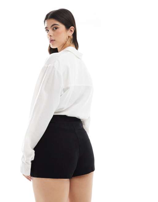 ASOS DESIGN linen mix wrap skort in black, 3 of 5