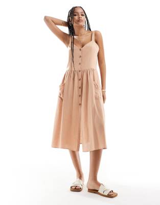 ASOS DESIGN linen natural button through midi dress with pockets in biscuit-Neutral