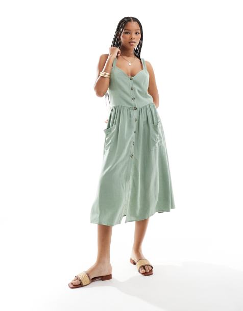 ASOS DESIGN linen natural button through midi dress with pockets in khaki - view 1