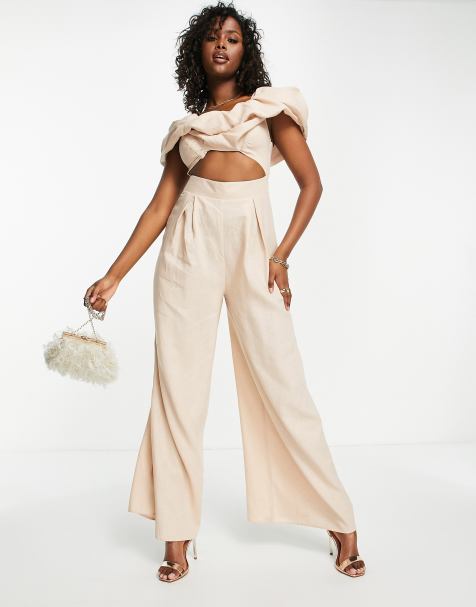 ASOS DESIGN linen off shoulder cutout wide leg jumsuit in cream - view 1