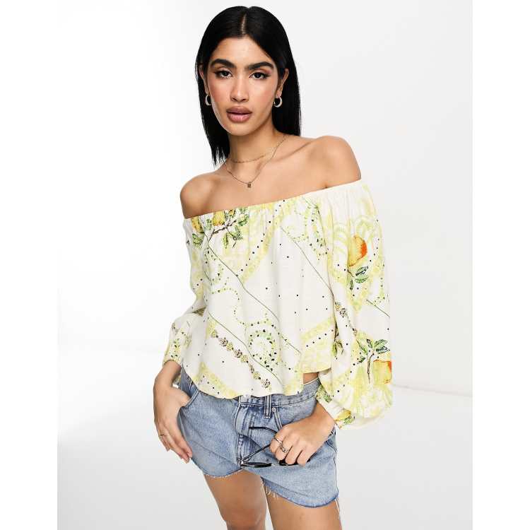 ASOS DESIGN linen off shoulder festival top in mixed fruit print