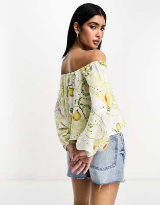 ASOS DESIGN linen off shoulder festival top in mixed fruit print | ASOS