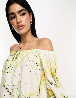 ASOS DESIGN linen off shoulder festival top in mixed fruit print