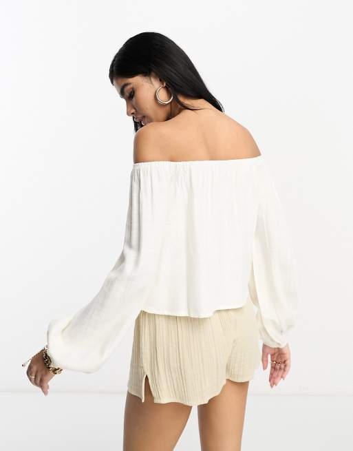 ASOS DESIGN linen off shoulder top in ivory