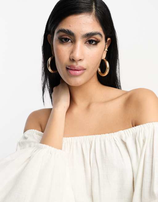 ASOS DESIGN linen off shoulder top in ivory ASOS