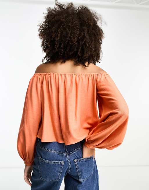 ASOS DESIGN linen off shoulder top in orange