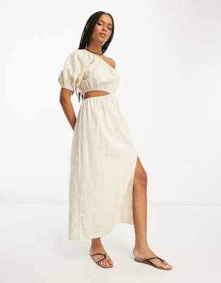 ASOS DESIGN linen one shoulder midi dress in  natural