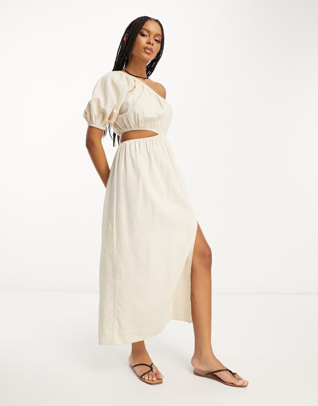 ASOS DESIGN linen one shoulder midi dress in natural