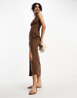 ASOS DESIGN linen one shoulder midi sundress with thigh split in chocolate