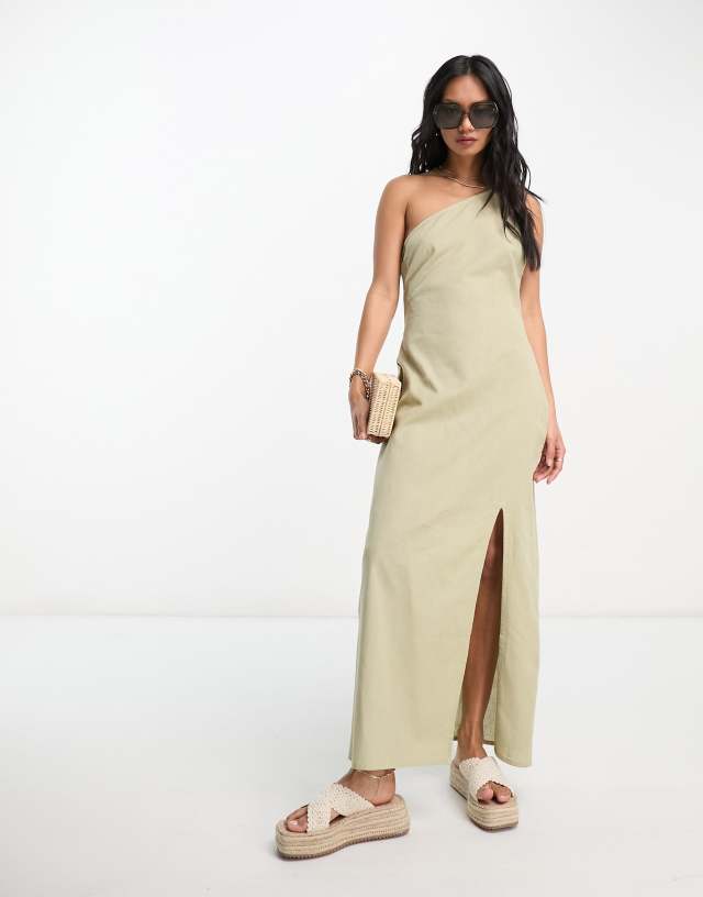 ASOS DESIGN linen one shoulder midi sundress with thigh split in khaki