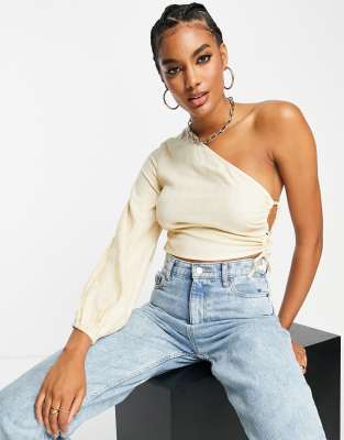 ASOS DESIGN linen one shoulder top with volume sleeve & cut out detail in sand-Neutral