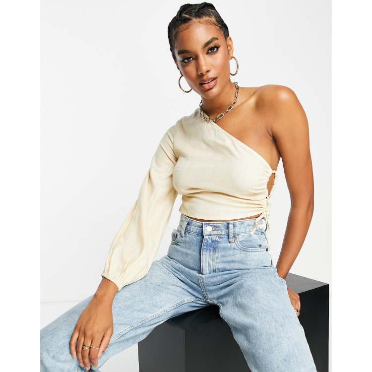 ASOS DESIGN linen one shoulder top with volume sleeve & cut out detail in  sand