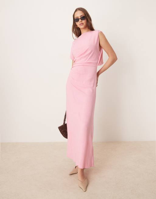 ASOS DESIGN linen mix open back draped waist midaxi dress in pink