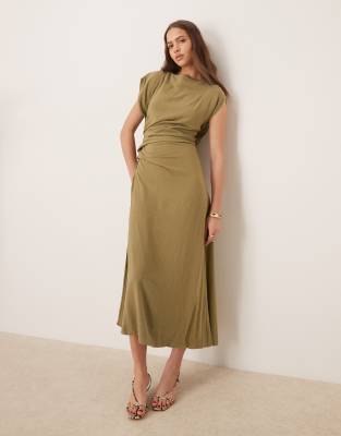 ASOS DESIGN linen open back draped waist midi dress in khaki