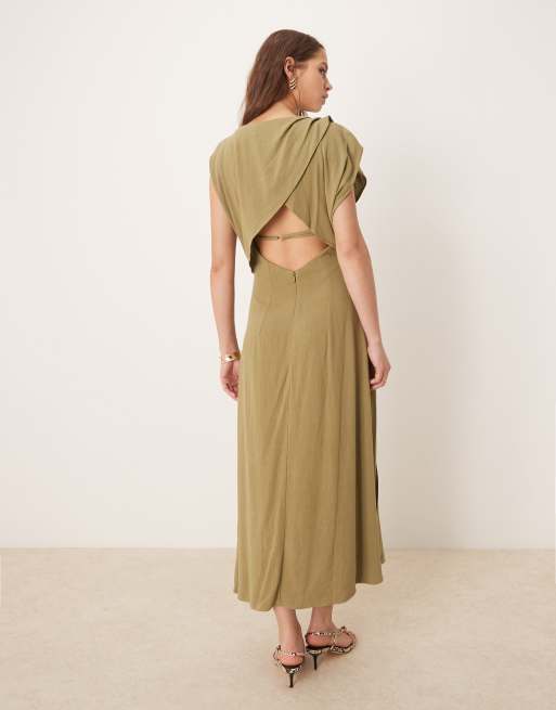 ASOS DESIGN linen open back draped waist midi dress in khaki