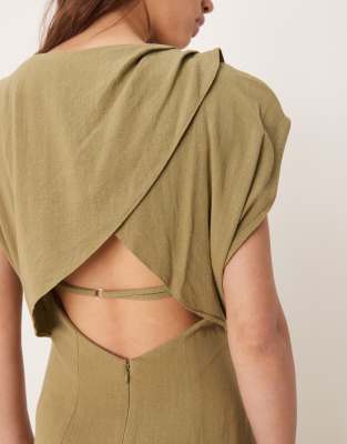 ASOS DESIGN linen open back draped waist midi dress in khaki