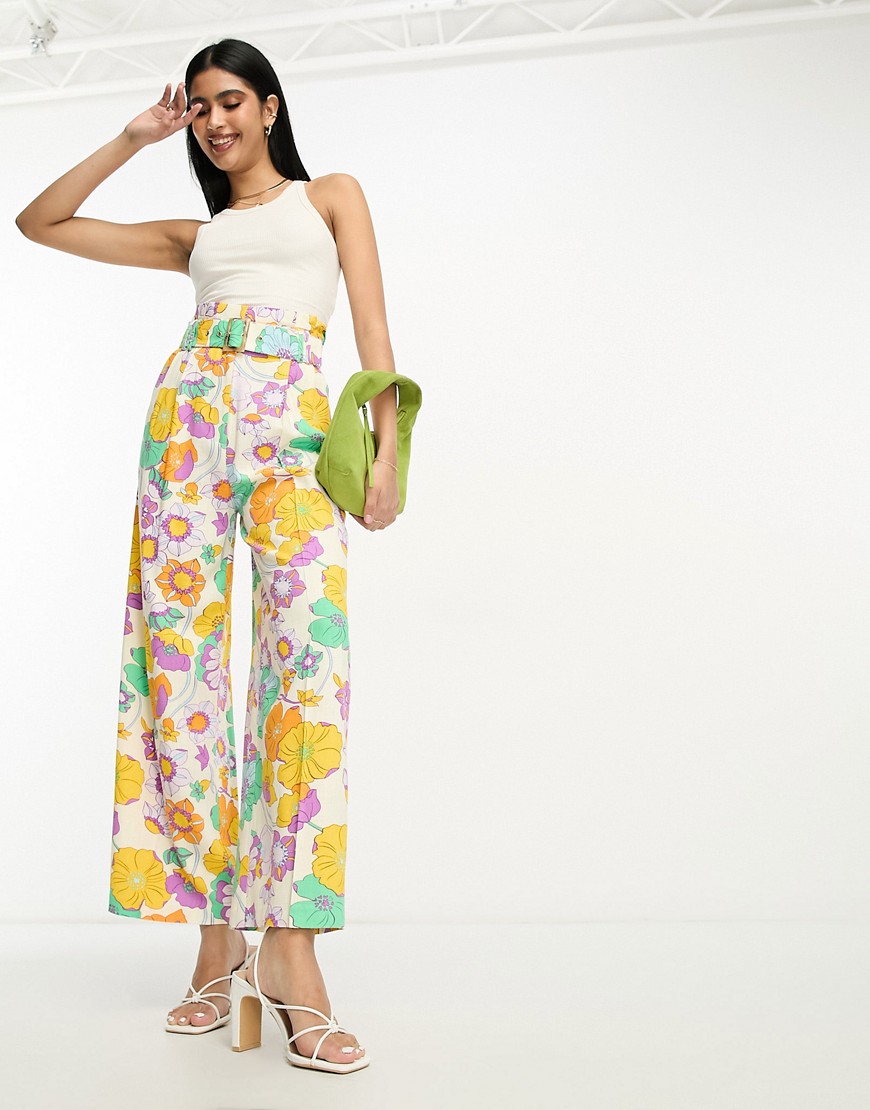 Asos Design Linen Oversized Floral Printed Paperbag Waist Wide Leg Pants In Multi