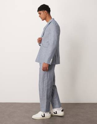 Asos Design Linen Oversized Tapered Suit Pants With Stripes In Blue