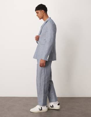 linen oversized tapered suit pants with stripes in indigo-Navy