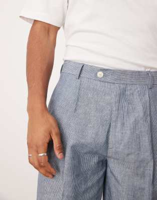 Asos Design Linen Oversized Tapered Suit Pants With Stripes In Blue