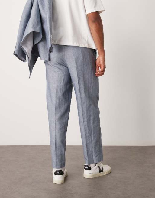 ASOS DESIGN linen oversized tapered suit pants with stripes in indigo