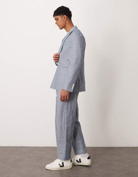 ASOS DESIGN linen oversized tapered suit trousers with stripes in indigo - view 1