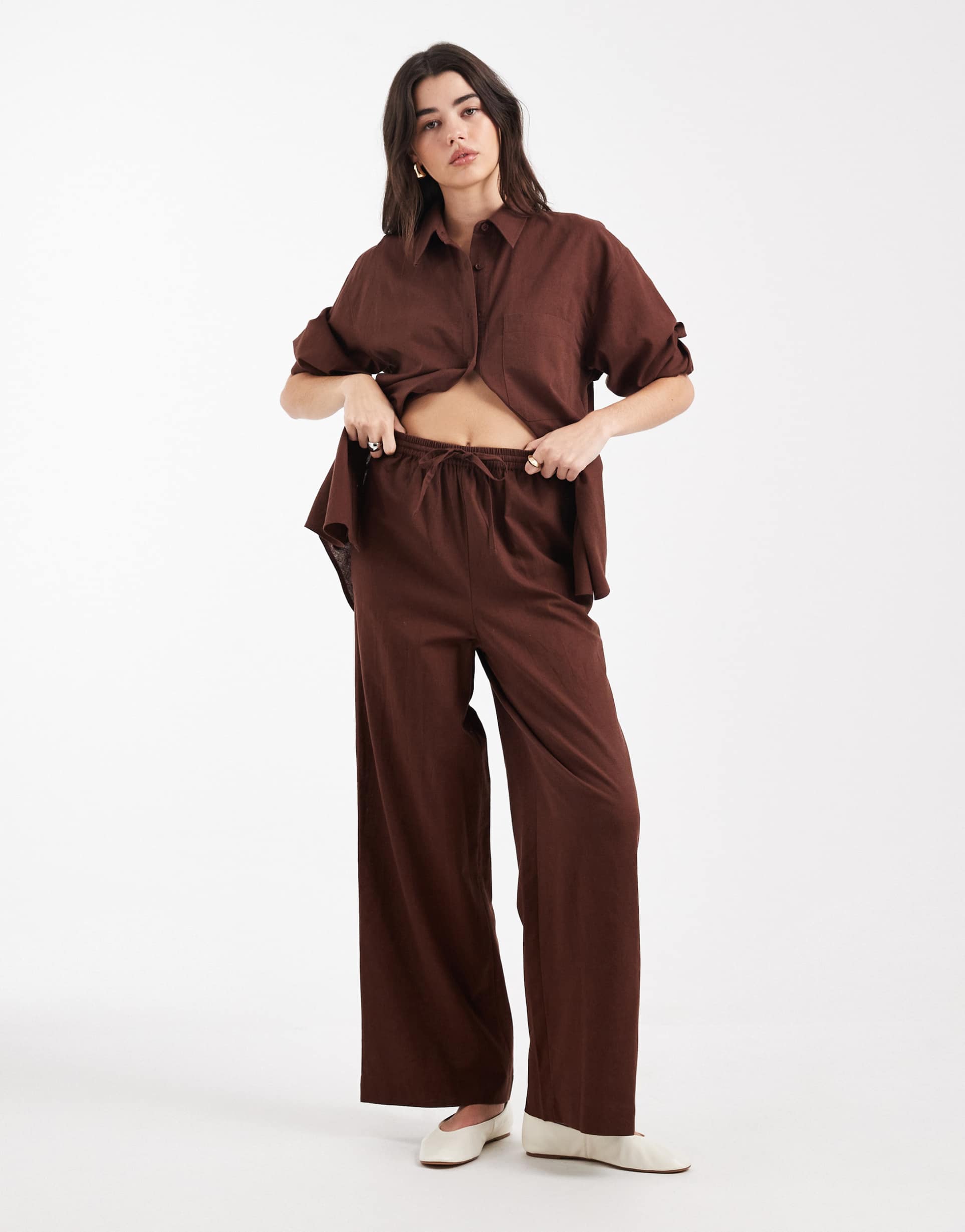 asos design linen pants in brown - part of a set