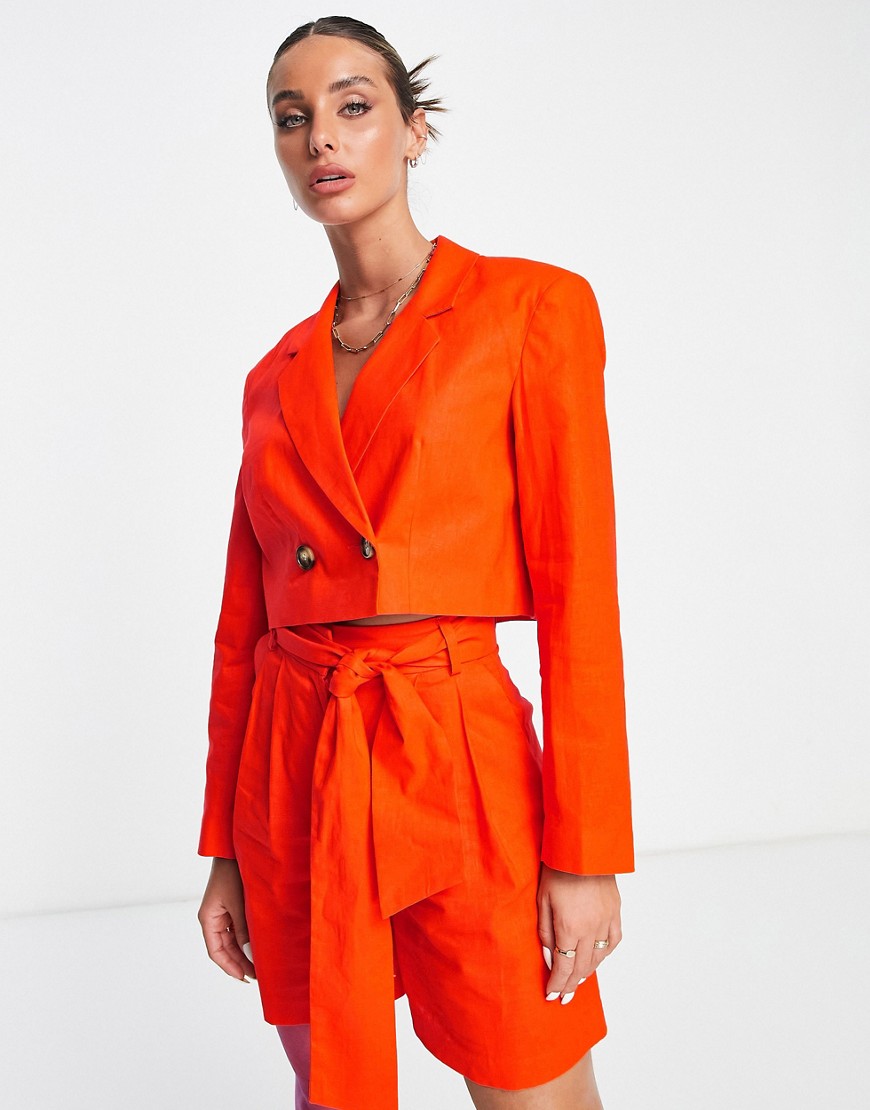 ASOS DESIGN linen paperbag waist suit shorts in flame-Red