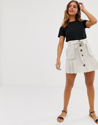 ASOS DESIGN linen pleat mini skirt with button front and pockets | ASOS