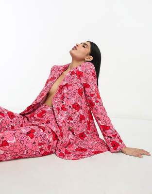 Asos Design Linen Poppy Printed Oversized Double Breasted Suit Blazer In Pink