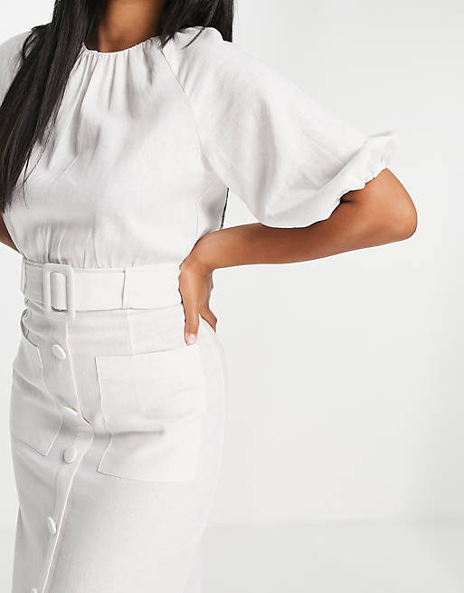 Women linen puff sleeve button through belted midi dress in white 