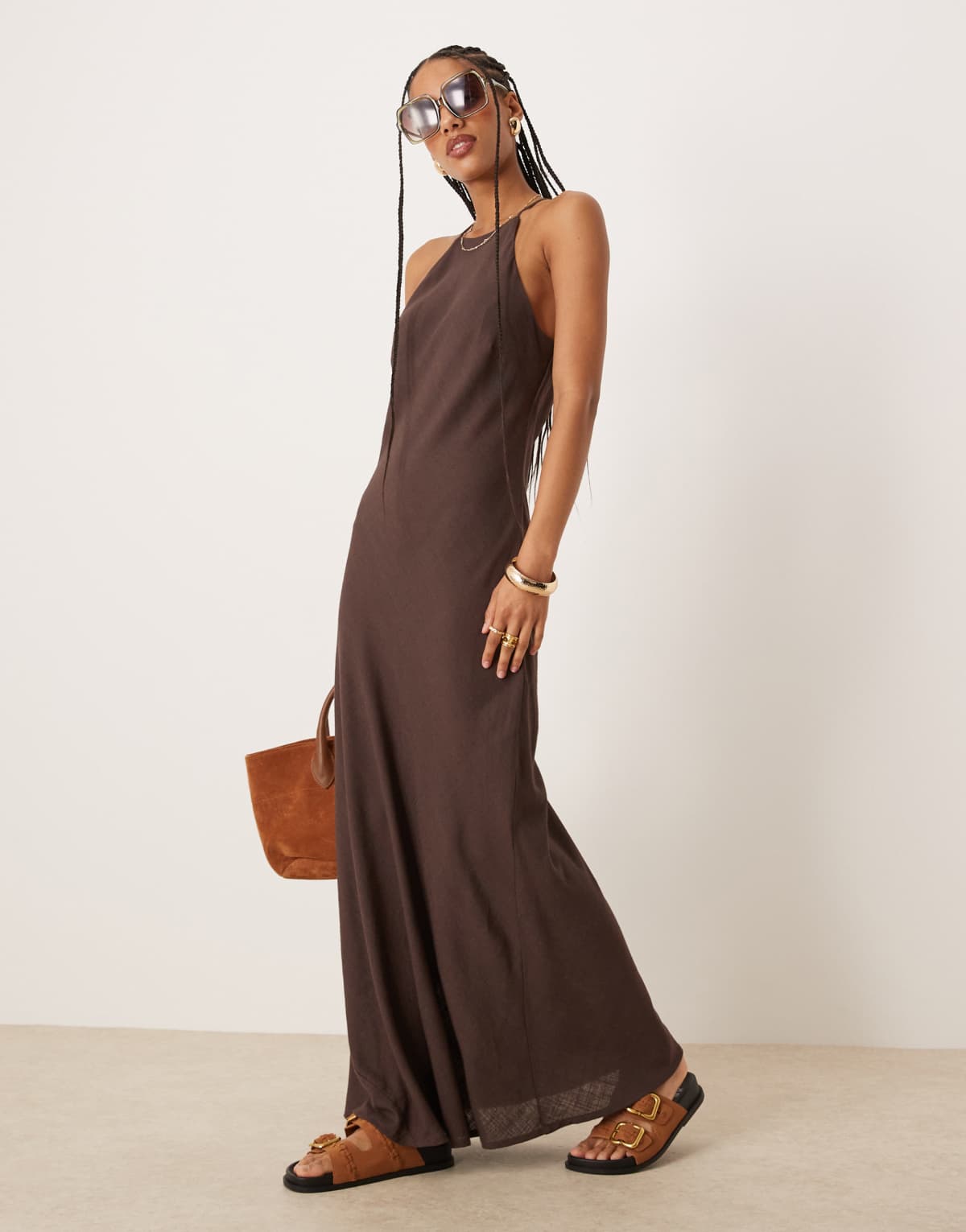 ASOS DESIGN linen racer maxi sundress in bitter chocolate