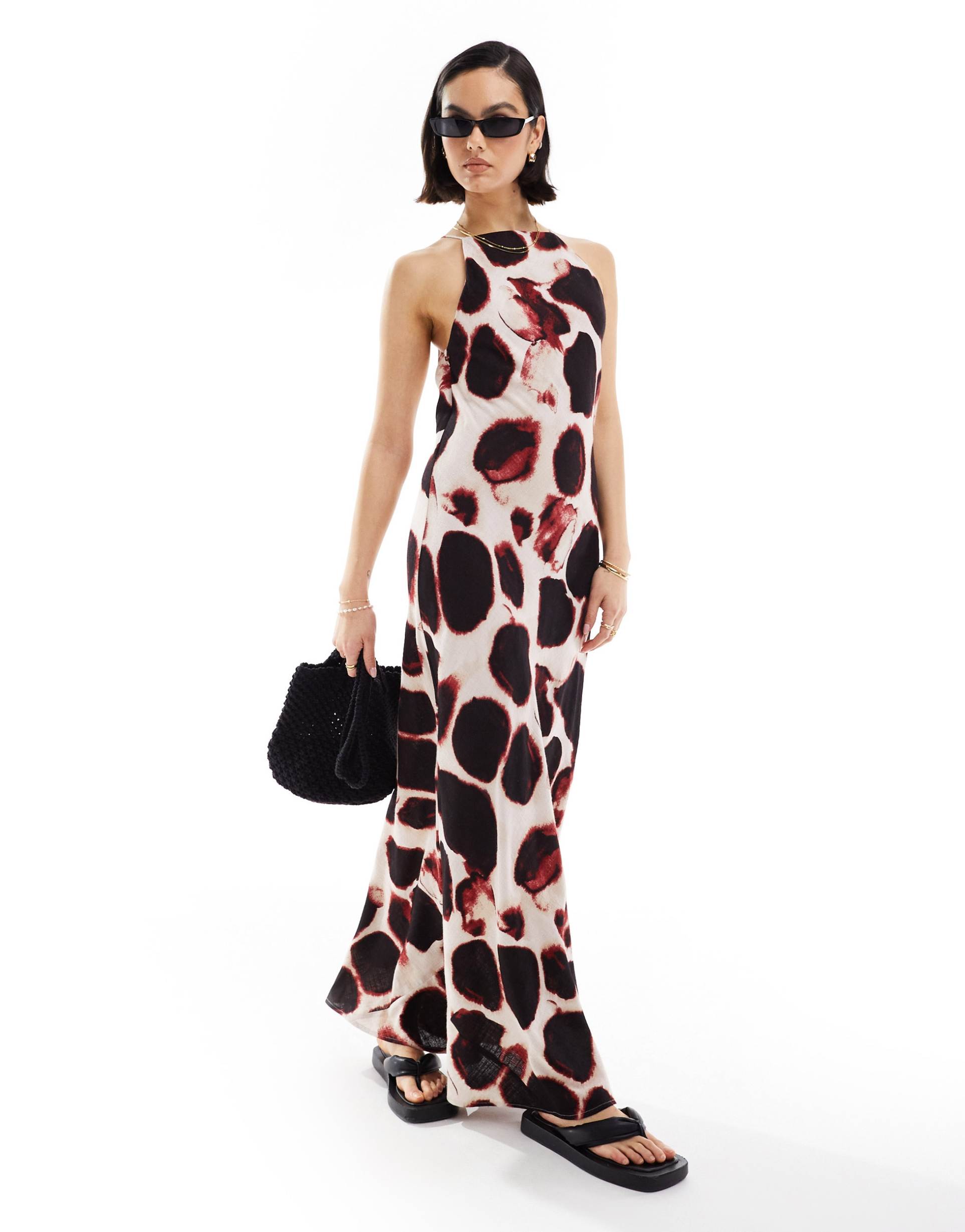 asos design linen racer maxi sundress in blurred animal print