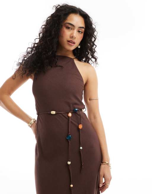 knee length dresses for ladies Maison Boinet Nappa and Linen Belt in Beige and Ochre Beige and Ochre / 75 main image 0