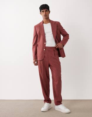 ДИЗАЙНЕРСКИЕ льняные брюки ASOS для костюма оверсайз зауженного силуэта в терракотовую полоску terracotta
