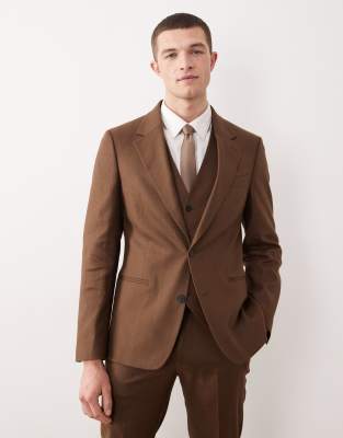 Asos Design Linen Rich Skinny Suit Jacket In Brown