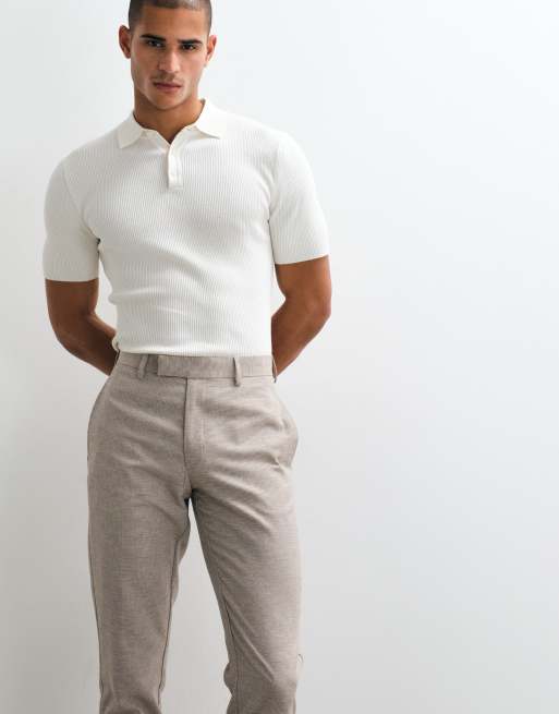 ASOS DESIGN linen rich slim tailored trousers in beige microtexture, 4 of 5
