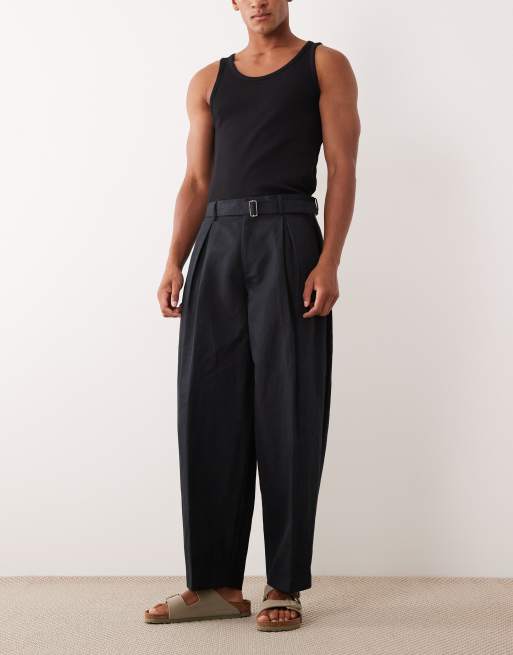 ASOS DESIGN linen rich smart belted wide barrel leg pants in black, 2 of 5
