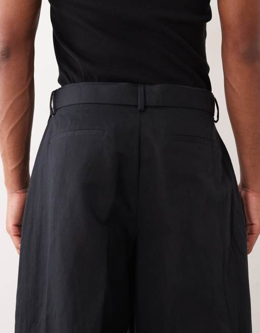 ASOS DESIGN linen rich smart belted wide barrel leg pants in black, 5 of 5