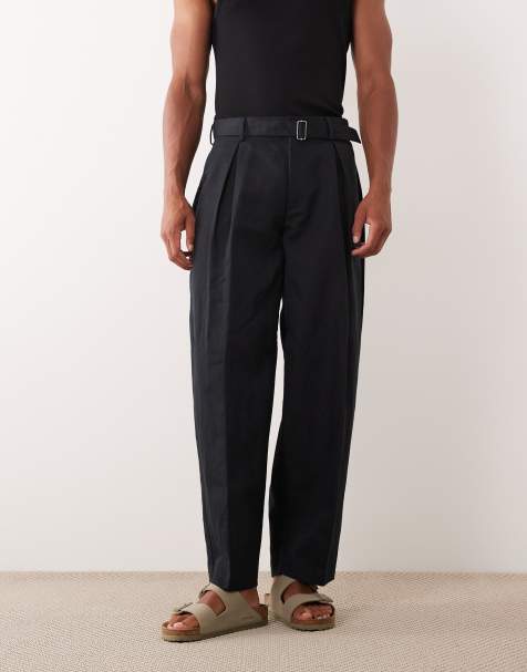 ASOS DESIGN linen rich smart belted wide barrel leg trousers in black - view 1