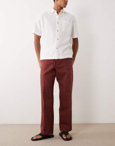ASOS DESIGN linen rich tailored wide leg pull on trousers in burgundy