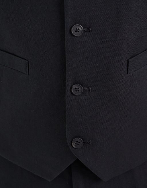 ASOS DESIGN linen-rich suit waistcoat in black twill, 3 of 5