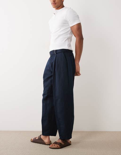 ASOS DESIGN linen rich tailored belted wide barrel leg pants in navy, 3 of 5