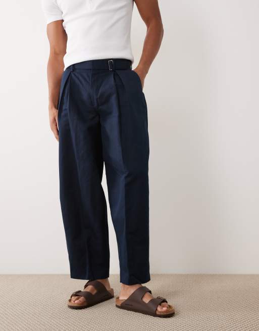 ASOS DESIGN linen rich tailored belted wide barrel leg pants in navy, 5 of 5